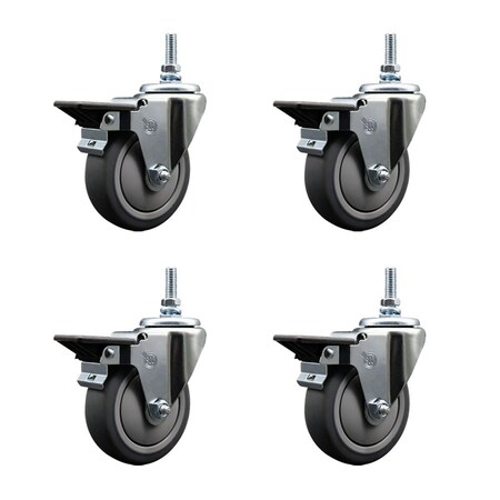 Service Caster 4 Inch Thermoplastic Rubber 38 Inch Threaded Stem Caster Set with Brake SCC-TS20S414-TPRB-PLB-381615-4